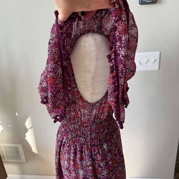 MISA Los Angeles Maribel Off Shoulder Floral Pattern Tiered Pom Pom Midi Dress - Picture 7 of 10